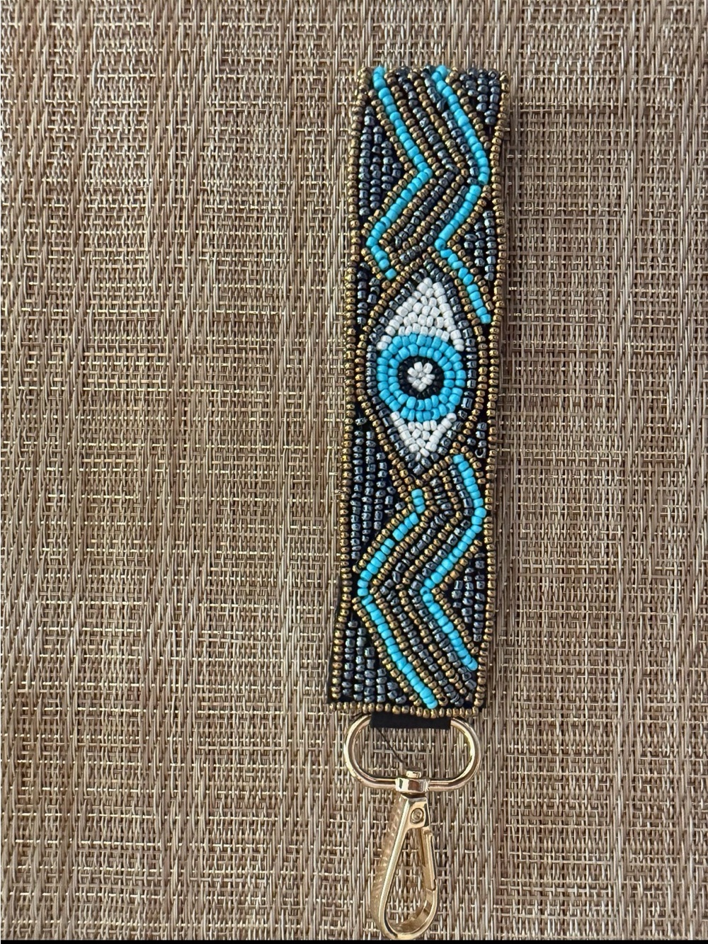 Beaded Evil Eye Wristlet Keychain - Turquoise, Black & Gold